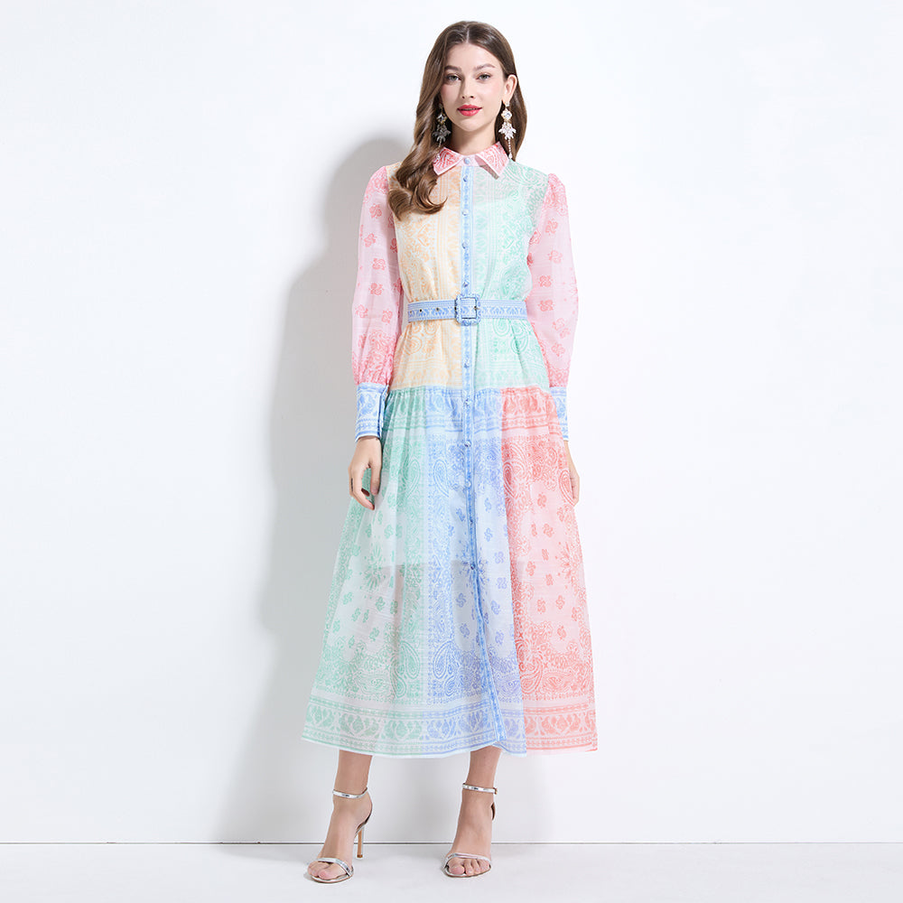 CM-DY034624 Women Elegant European Style Multicolor Collar Neckline Long Sleeve Maxi Dress