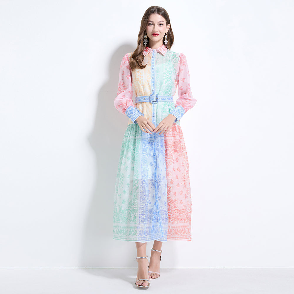 CM-DY034624 Women Elegant European Style Multicolor Collar Neckline Long Sleeve Maxi Dress
