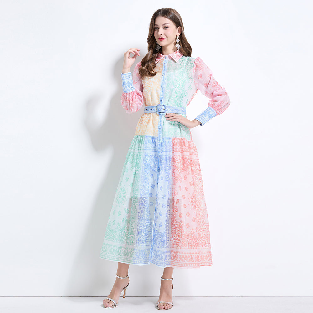 CM-DY034624 Women Elegant European Style Multicolor Collar Neckline Long Sleeve Maxi Dress