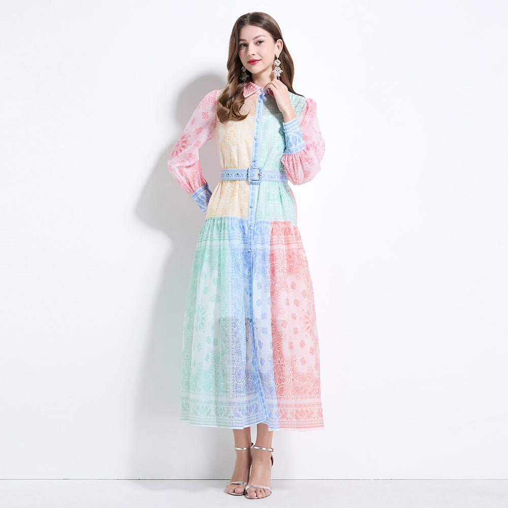 CM-DY034624 Women Elegant European Style Multicolor Collar Neckline Long Sleeve Maxi Dress