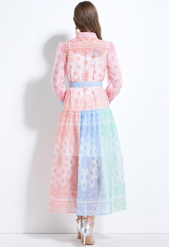 CM-DY034624 Women Elegant European Style Multicolor Collar Neckline Long Sleeve Maxi Dress