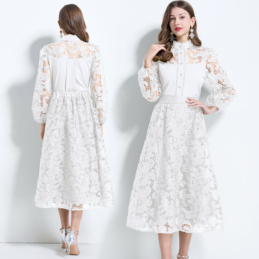 CM-SY034625 Women Elegant European Style Lace Stand Collar Lantern Sleeve Blouse With Long Skirt - Set