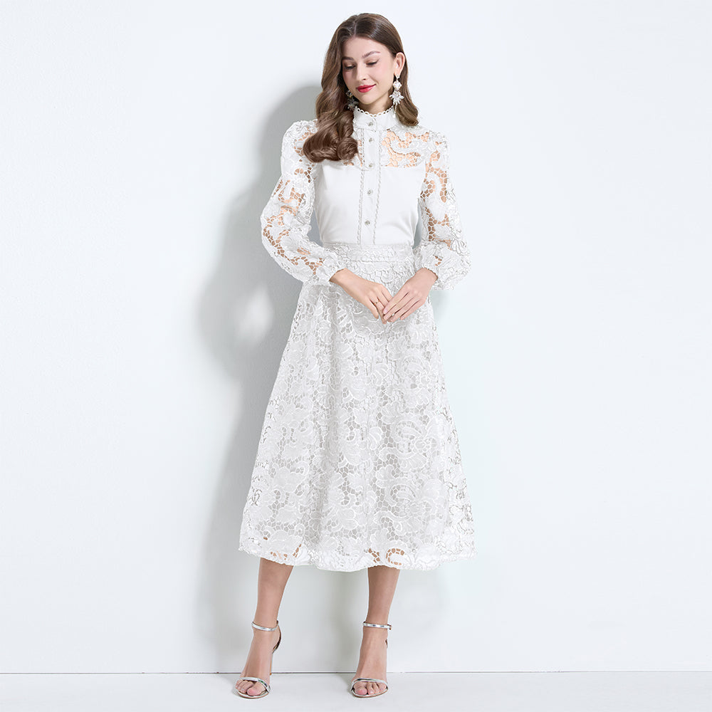 CM-SY034625 Women Elegant European Style Lace Stand Collar Lantern Sleeve Blouse With Long Skirt - Set
