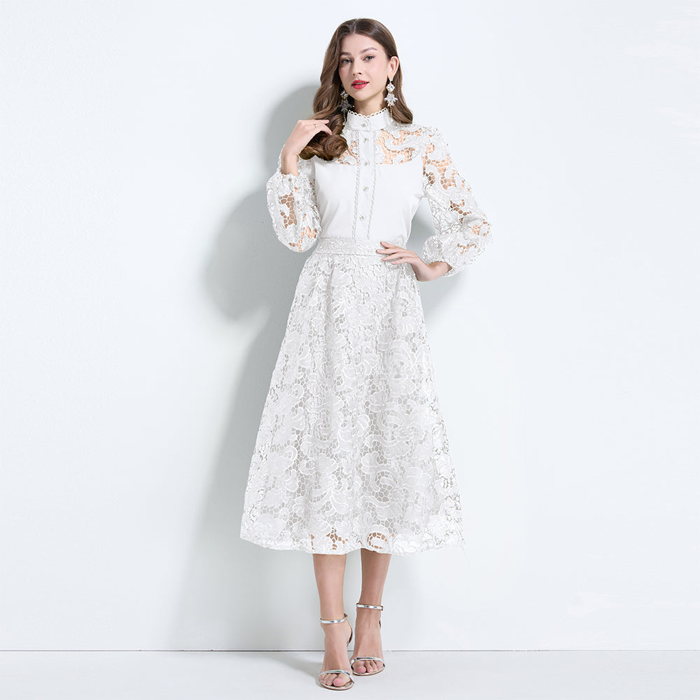 CM-SY034625 Women Elegant European Style Lace Stand Collar Lantern Sleeve Blouse With Long Skirt - Set
