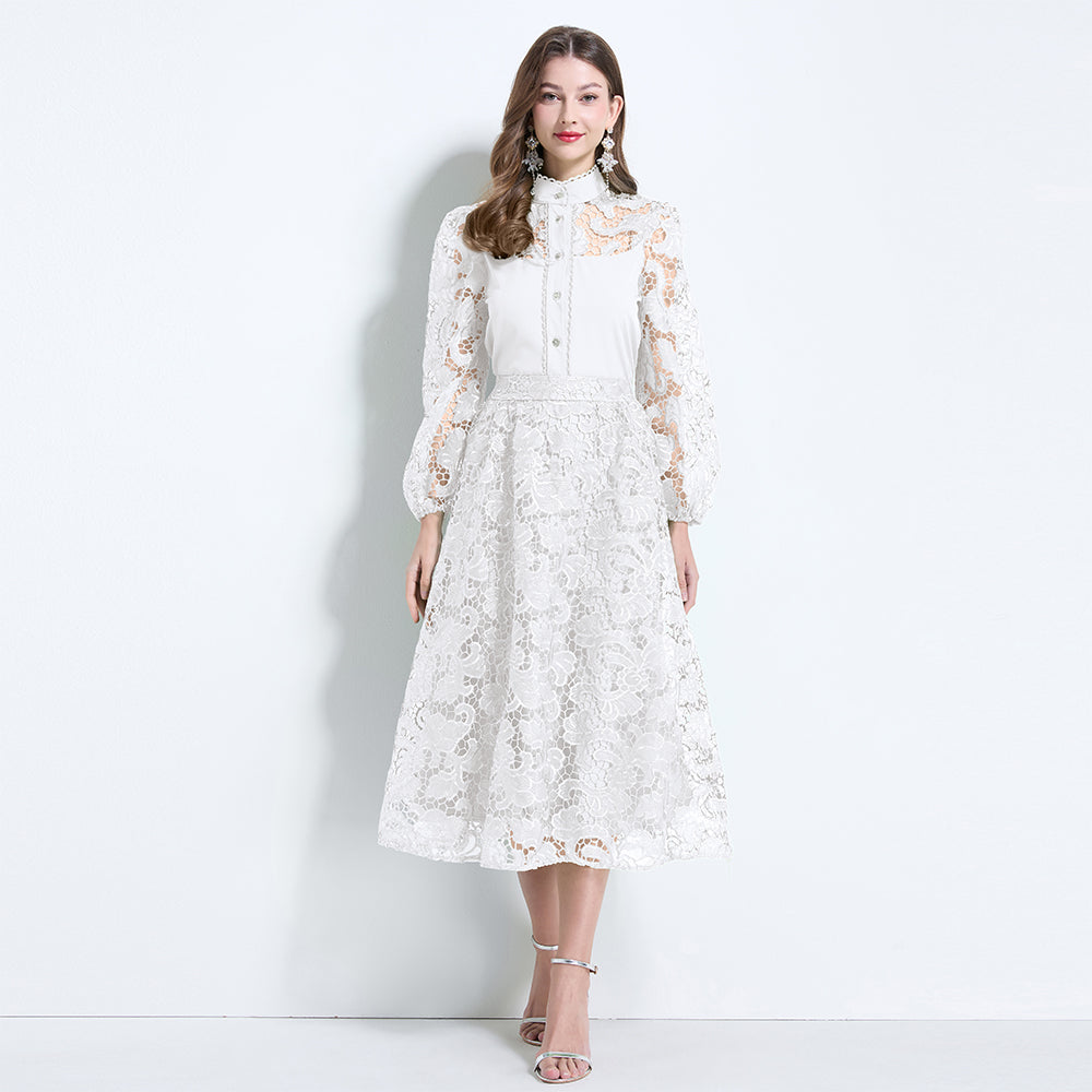 CM-SY034625 Women Elegant European Style Lace Stand Collar Lantern Sleeve Blouse With Long Skirt - Set