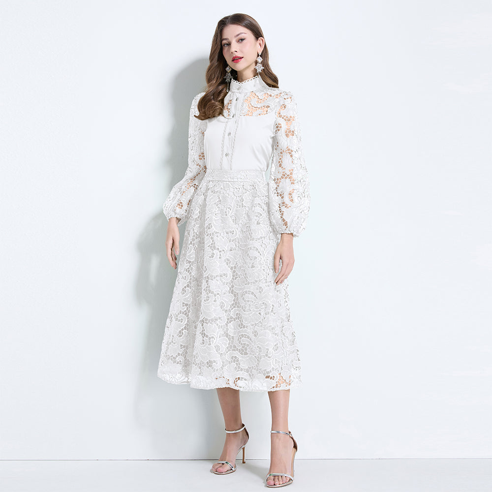 CM-SY034625 Women Elegant European Style Lace Stand Collar Lantern Sleeve Blouse With Long Skirt - Set