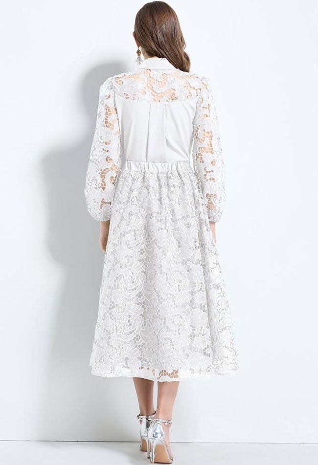 CM-SY034625 Women Elegant European Style Lace Stand Collar Lantern Sleeve Blouse With Long Skirt - Set