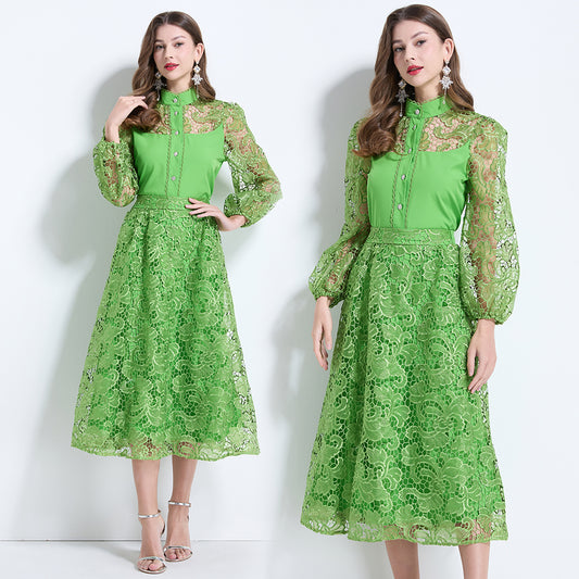 CM-SY034626 Women Elegant Seoul Style Stand Collar Lantern Sleeve Hollow With Maxi Skirt - Set