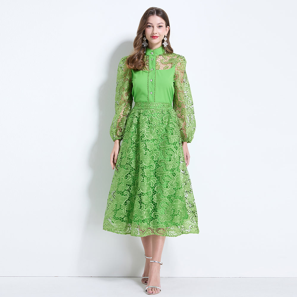 CM-SY034626 Women Elegant Seoul Style Stand Collar Lantern Sleeve Hollow With Maxi Skirt - Set