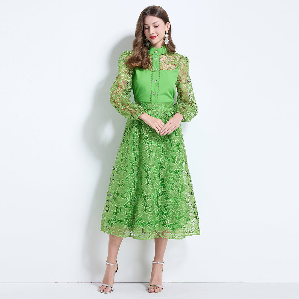 CM-SY034626 Women Elegant Seoul Style Stand Collar Lantern Sleeve Hollow With Maxi Skirt - Set