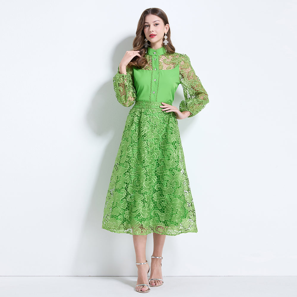 CM-SY034626 Women Elegant Seoul Style Stand Collar Lantern Sleeve Hollow With Maxi Skirt - Set