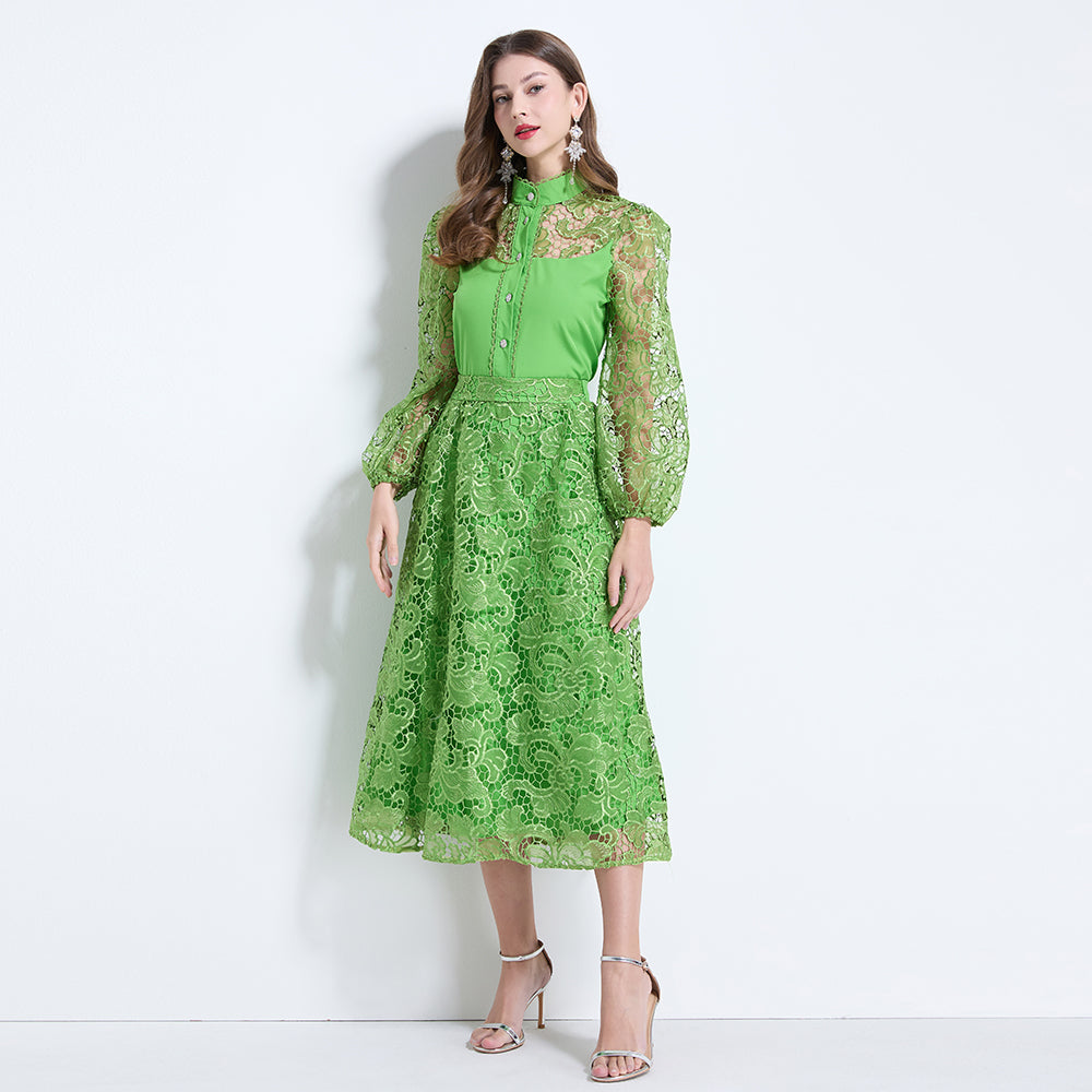 CM-SY034626 Women Elegant Seoul Style Stand Collar Lantern Sleeve Hollow With Maxi Skirt - Set