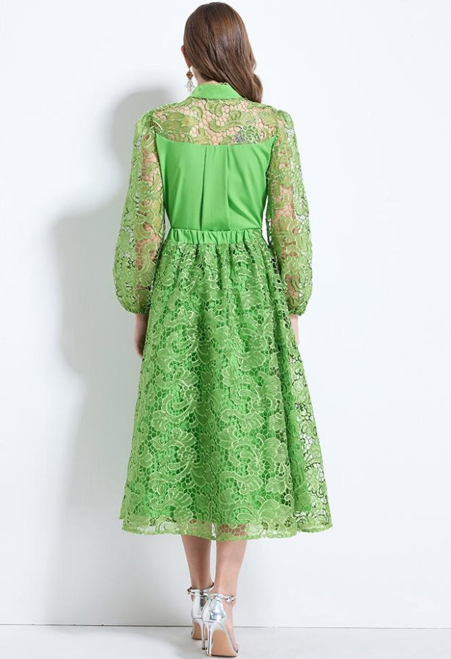CM-SY034626 Women Elegant Seoul Style Stand Collar Lantern Sleeve Hollow With Maxi Skirt - Set