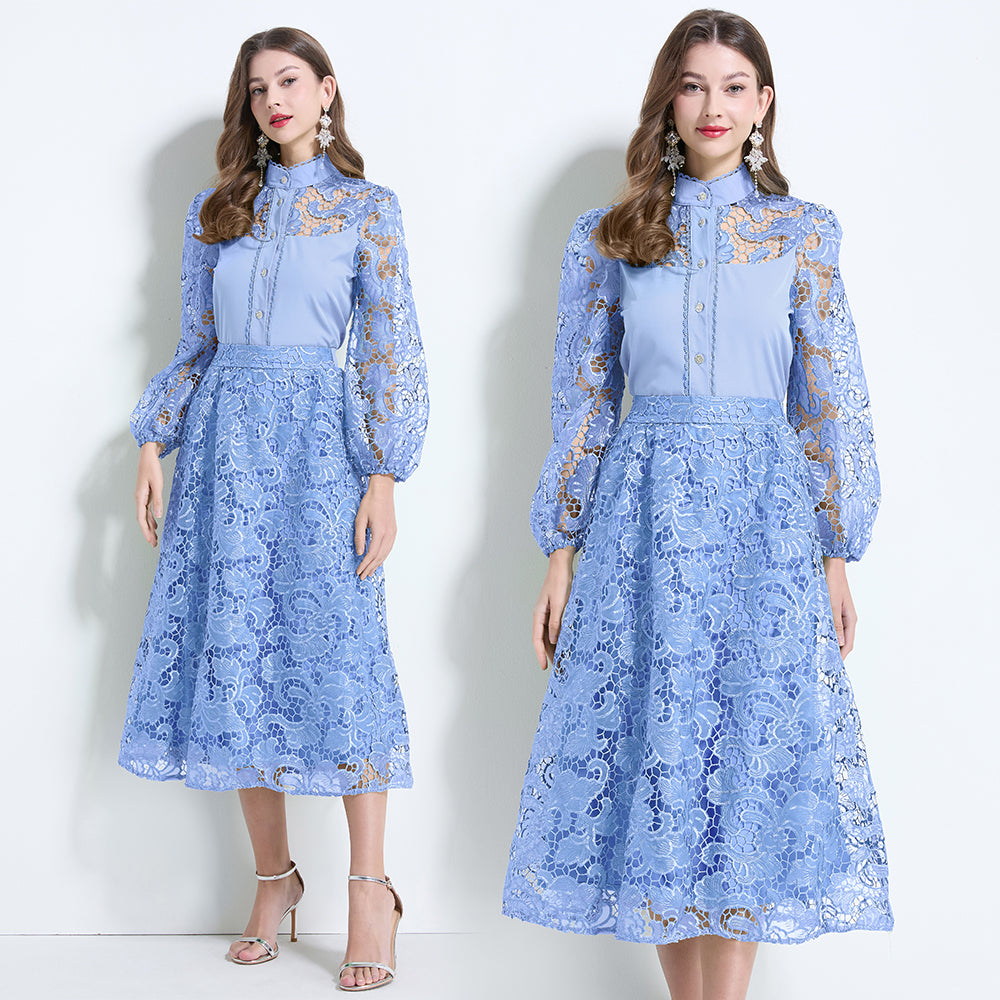 CM-SY034627 Women Elegant Seoul Style Stand Collar Lantern Sleeve Hollow With Maxi Skirt - Set