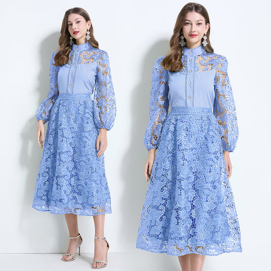 CM-SY034627 Women Elegant Seoul Style Stand Collar Lantern Sleeve Hollow With Maxi Skirt - Set