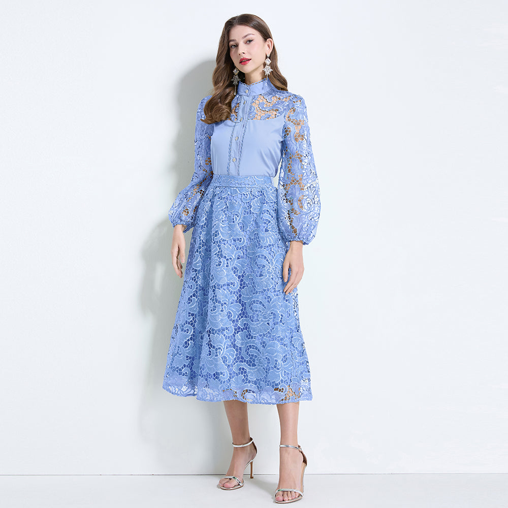 CM-SY034627 Women Elegant Seoul Style Stand Collar Lantern Sleeve Hollow With Maxi Skirt - Set