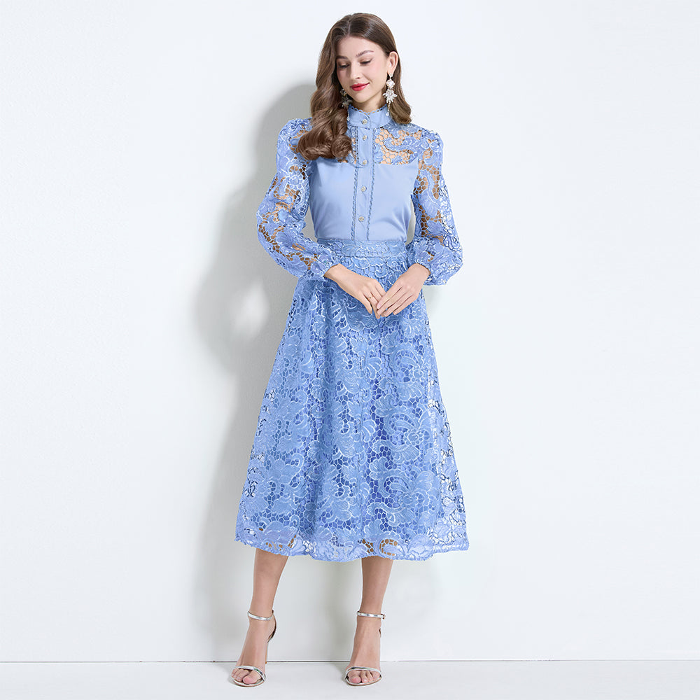 CM-SY034627 Women Elegant Seoul Style Stand Collar Lantern Sleeve Hollow With Maxi Skirt - Set