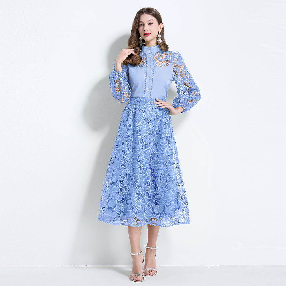 CM-SY034627 Women Elegant Seoul Style Stand Collar Lantern Sleeve Hollow With Maxi Skirt - Set