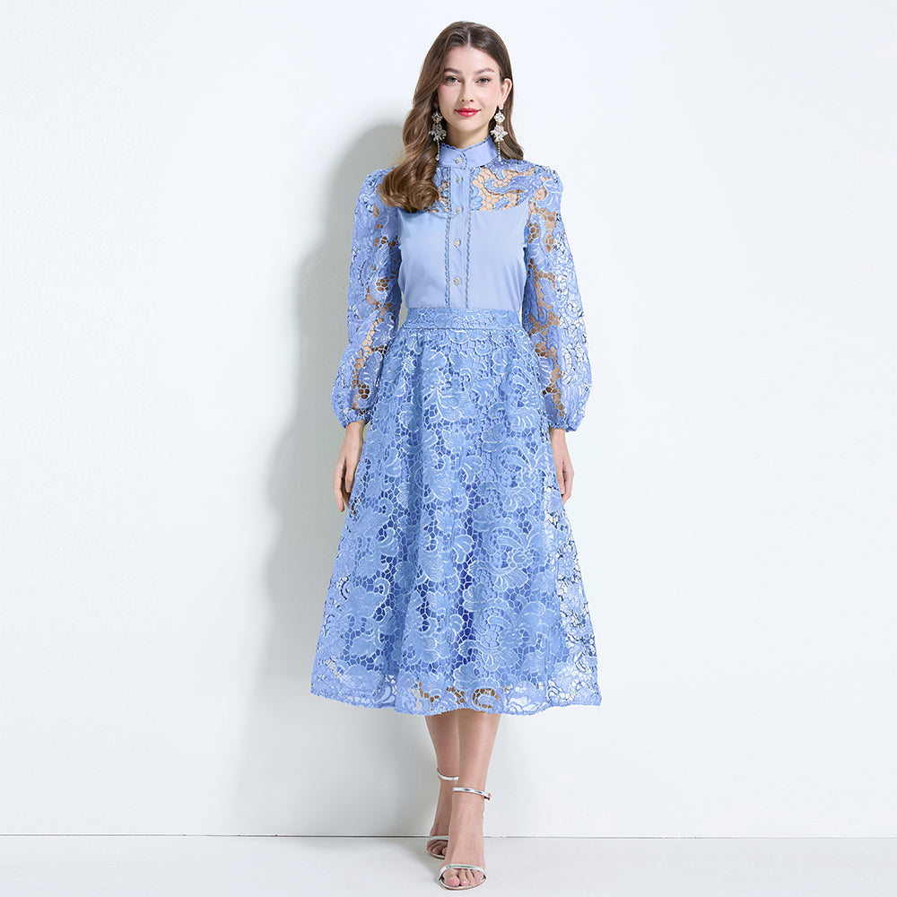CM-SY034627 Women Elegant Seoul Style Stand Collar Lantern Sleeve Hollow With Maxi Skirt - Set