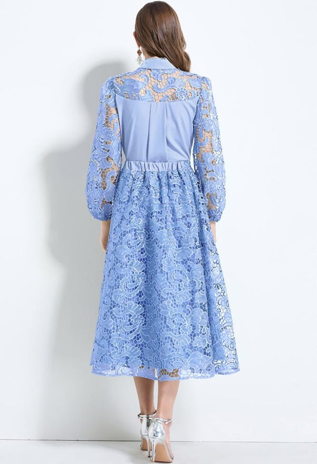 CM-SY034627 Women Elegant Seoul Style Stand Collar Lantern Sleeve Hollow With Maxi Skirt - Set