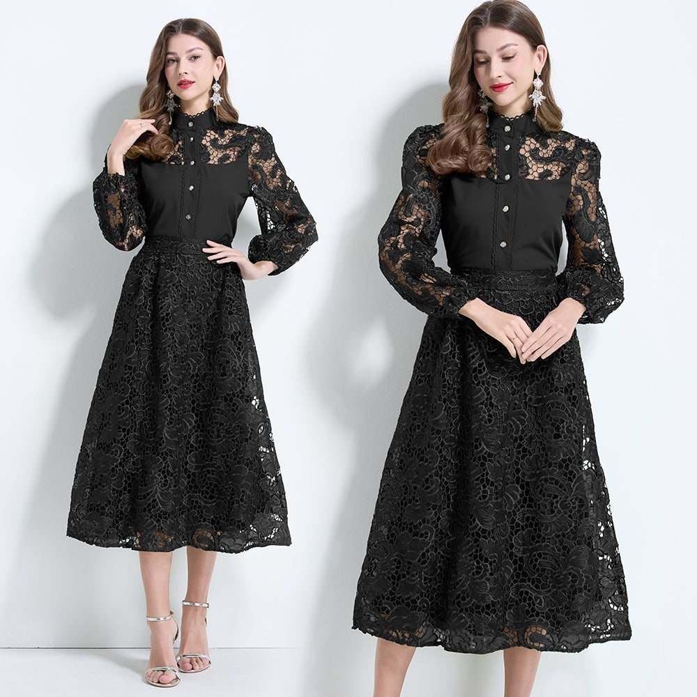 CM-SY034628 Women Elegant Seoul Style Stand Collar Lantern Sleeve Hollow With Maxi Skirt - Set