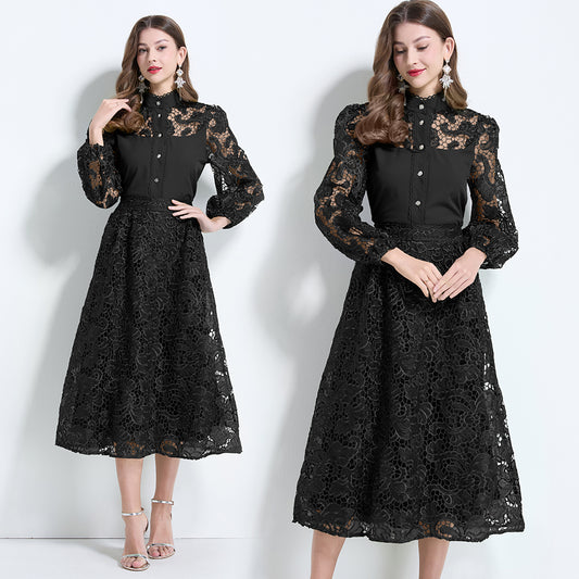 CM-SY034628 Women Elegant Seoul Style Stand Collar Lantern Sleeve Hollow With Maxi Skirt - Set