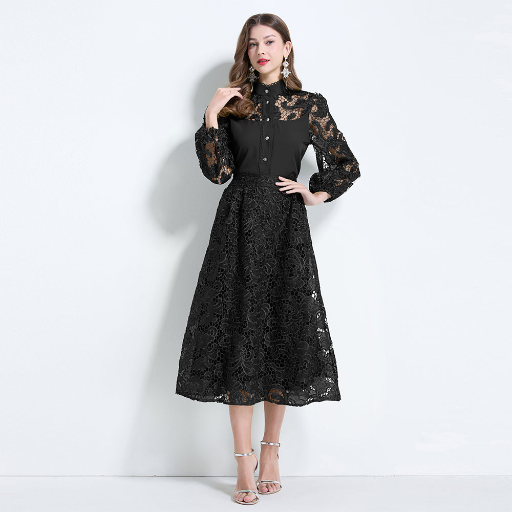 CM-SY034628 Women Elegant Seoul Style Stand Collar Lantern Sleeve Hollow With Maxi Skirt - Set