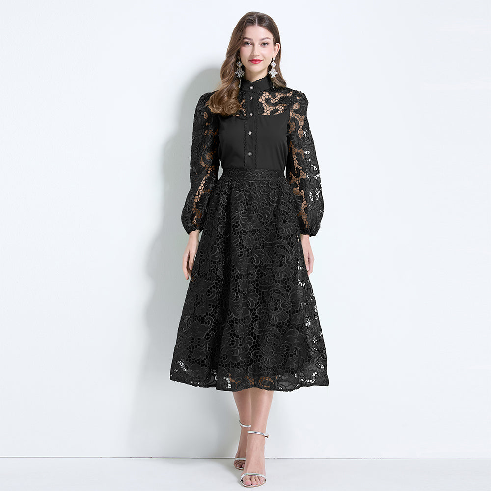 CM-SY034628 Women Elegant Seoul Style Stand Collar Lantern Sleeve Hollow With Maxi Skirt - Set