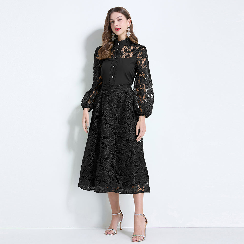 CM-SY034628 Women Elegant Seoul Style Stand Collar Lantern Sleeve Hollow With Maxi Skirt - Set