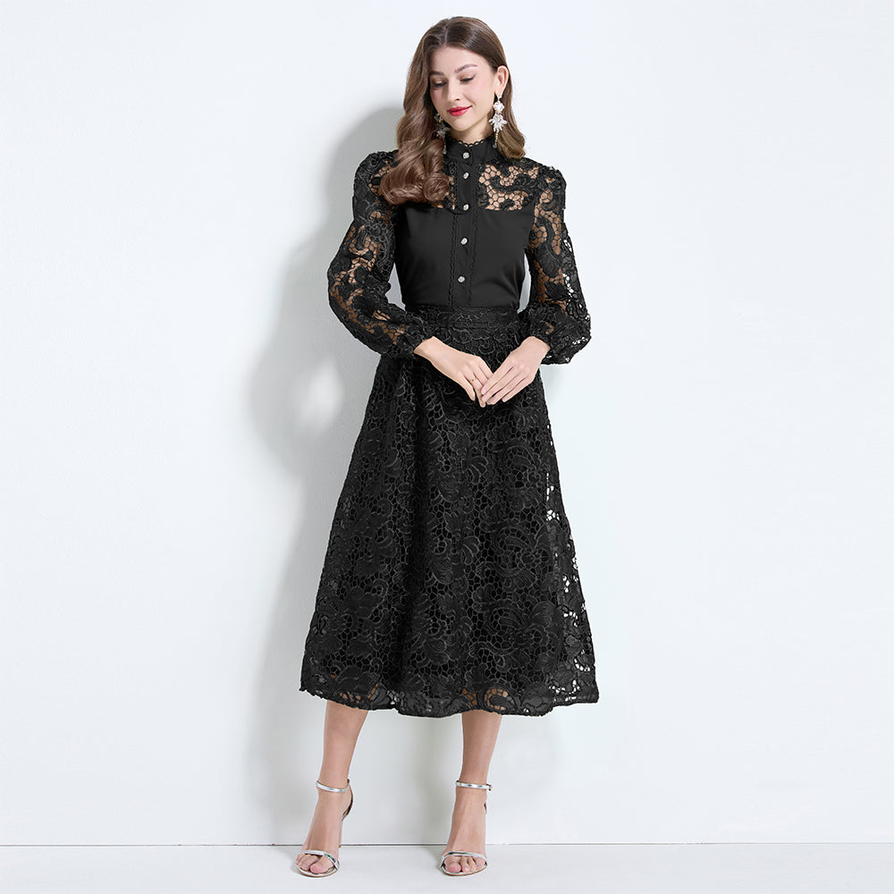 CM-SY034628 Women Elegant Seoul Style Stand Collar Lantern Sleeve Hollow With Maxi Skirt - Set