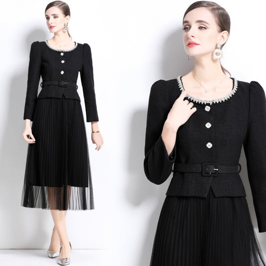 CM-SY034744 Women Elegant European Style Slim Round Neck Long Sleeve Belted Blouse With Gauze Pleated Skirt - Set