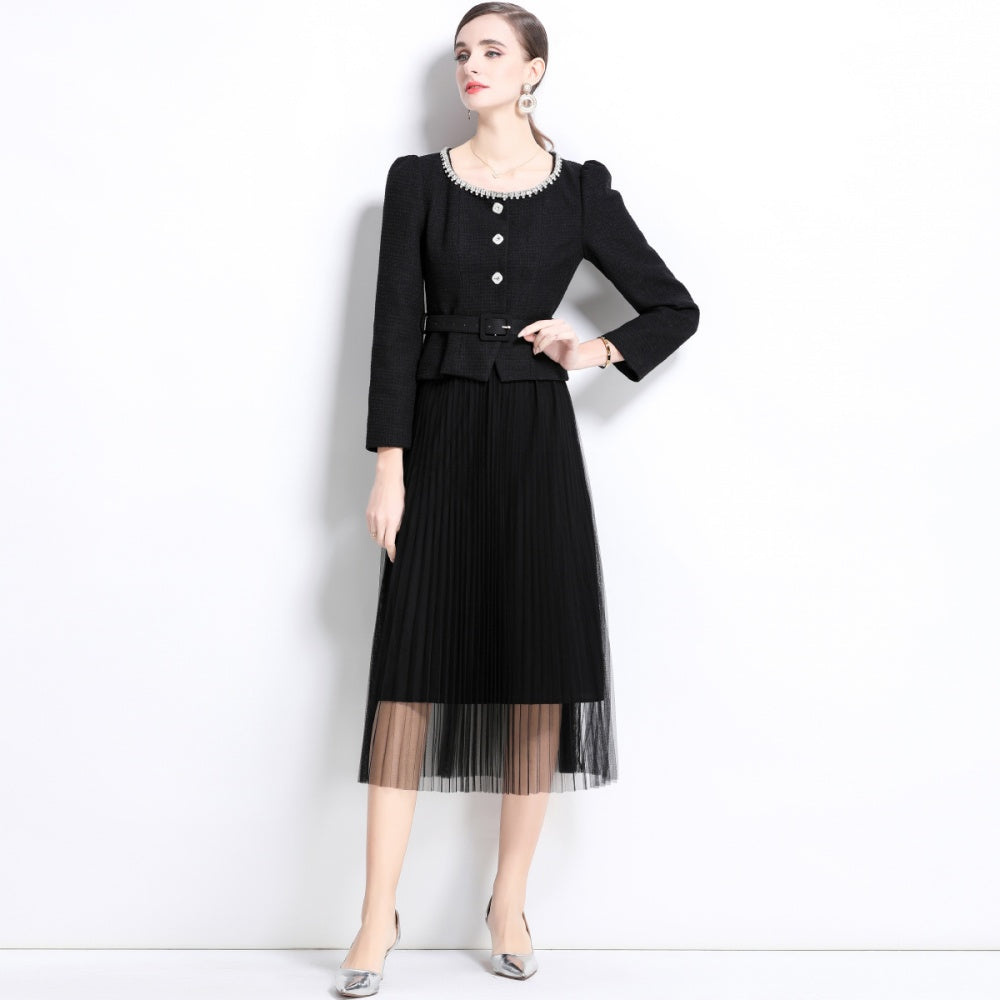 CM-SY034744 Women Elegant European Style Slim Round Neck Long Sleeve Belted Blouse With Gauze Pleated Skirt - Set