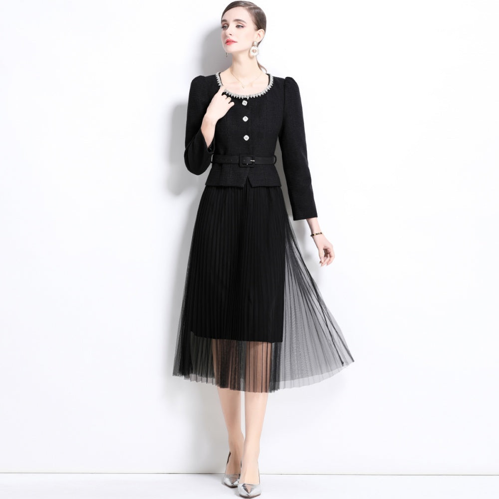 CM-SY034744 Women Elegant European Style Slim Round Neck Long Sleeve Belted Blouse With Gauze Pleated Skirt - Set