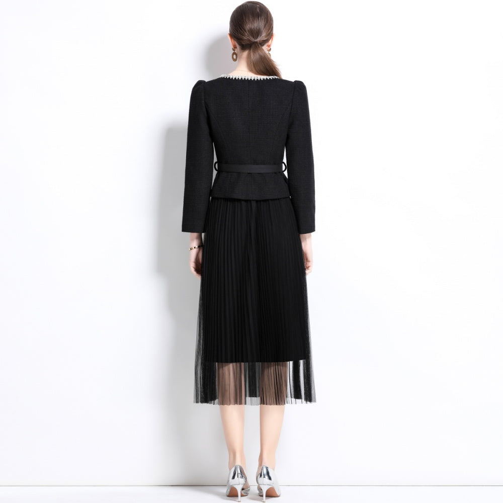 CM-SY034744 Women Elegant European Style Slim Round Neck Long Sleeve Belted Blouse With Gauze Pleated Skirt - Set