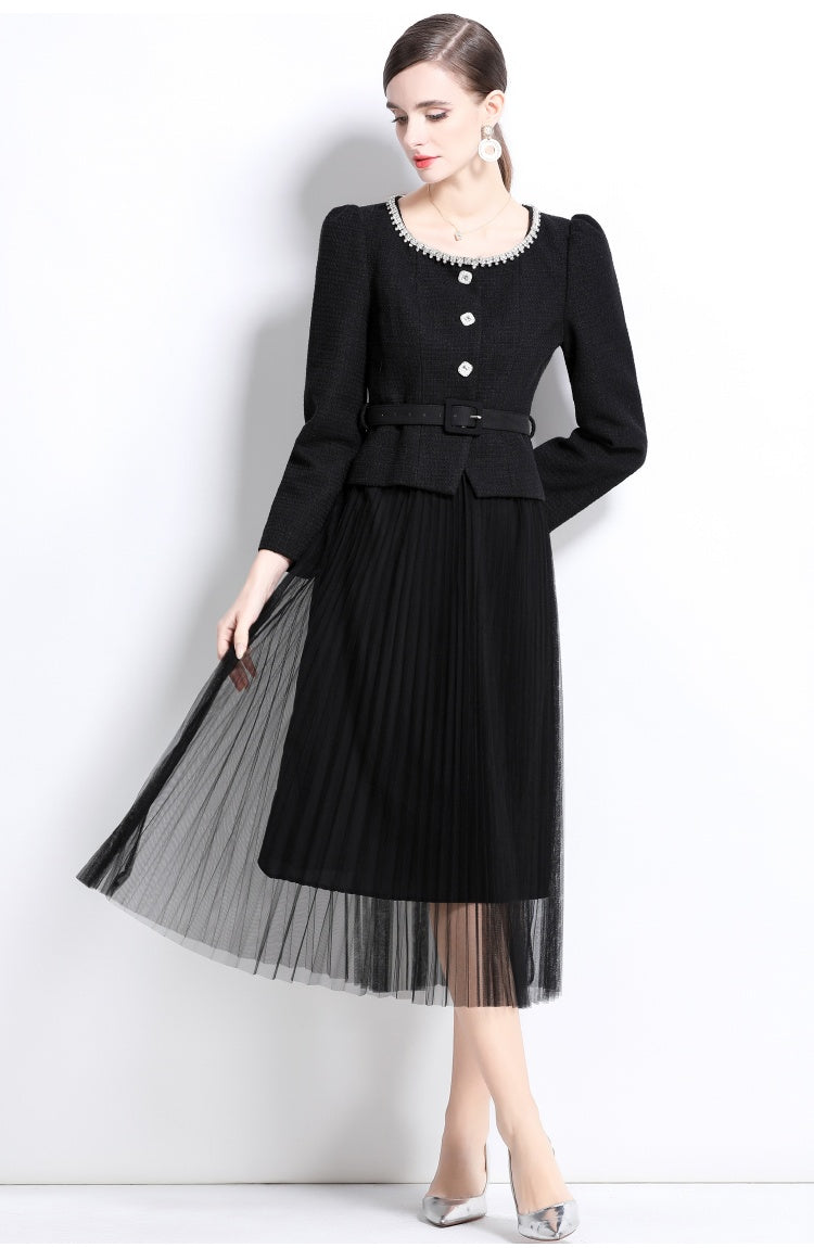 CM-SY034744 Women Elegant European Style Slim Round Neck Long Sleeve Belted Blouse With Gauze Pleated Skirt - Set