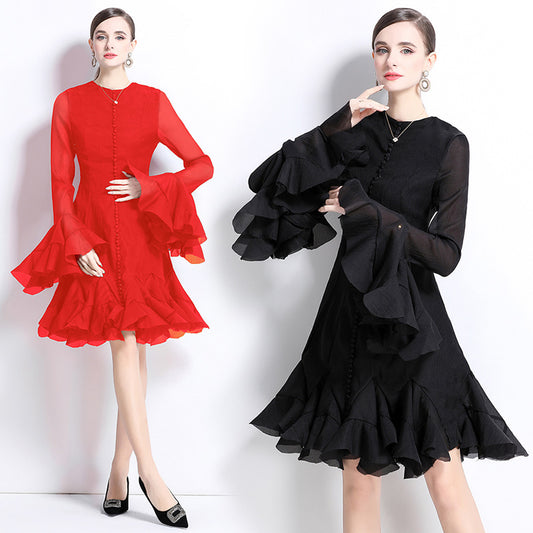 CM-DY034800 Women Elegant European Style Round  Neck Trumpet Sleeve Mini Dress (Available in 2 colors)