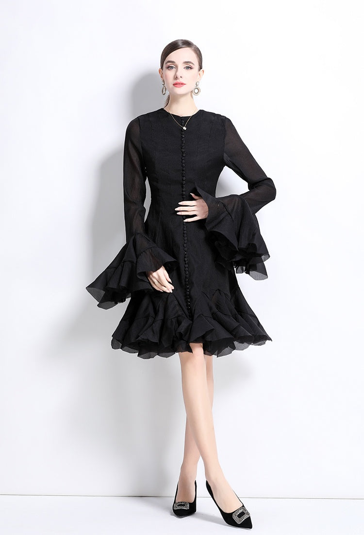 CM-DY034800 Women Elegant European Style Round  Neck Trumpet Sleeve Mini Dress (Available in 2 colors)