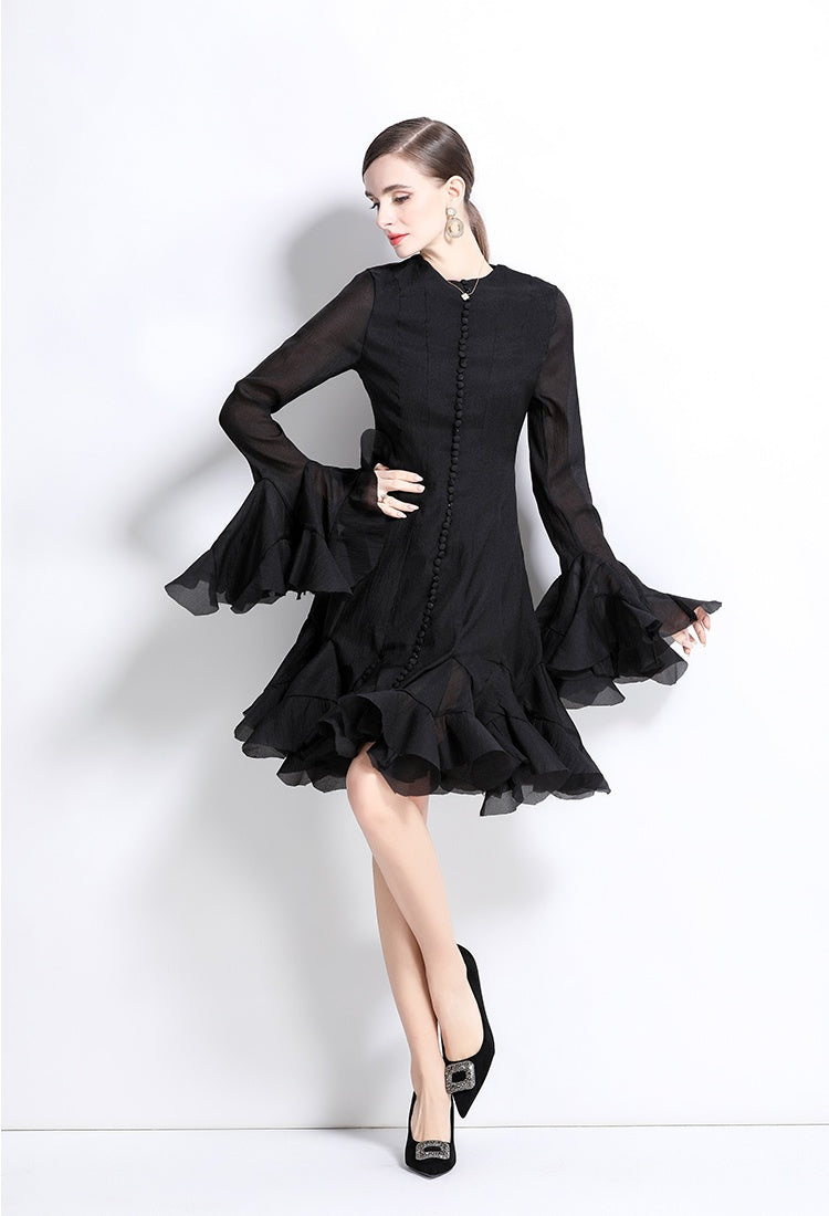 CM-DY034800 Women Elegant European Style Round  Neck Trumpet Sleeve Mini Dress (Available in 2 colors)