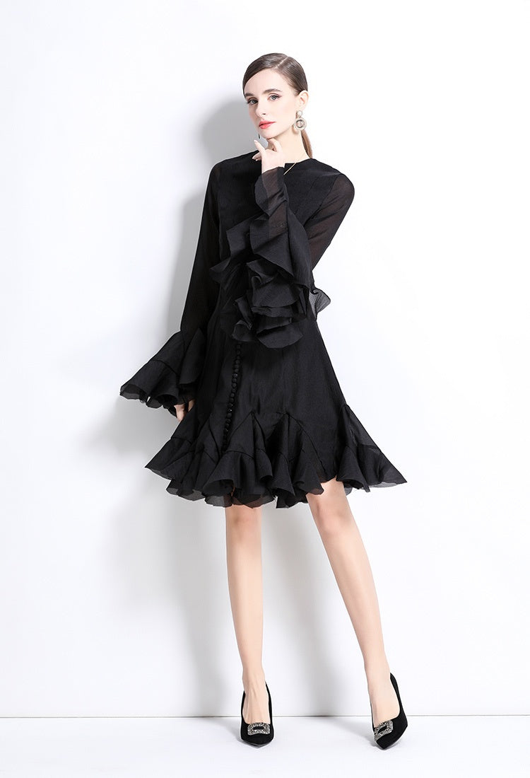CM-DY034800 Women Elegant European Style Round  Neck Trumpet Sleeve Mini Dress (Available in 2 colors)