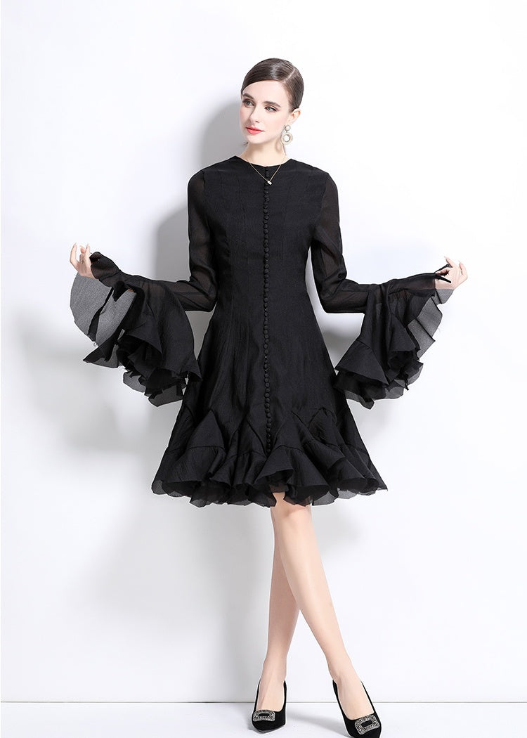 CM-DY034800 Women Elegant European Style Round  Neck Trumpet Sleeve Mini Dress (Available in 2 colors)