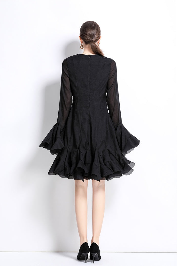 CM-DY034800 Women Elegant European Style Round  Neck Trumpet Sleeve Mini Dress (Available in 2 colors)