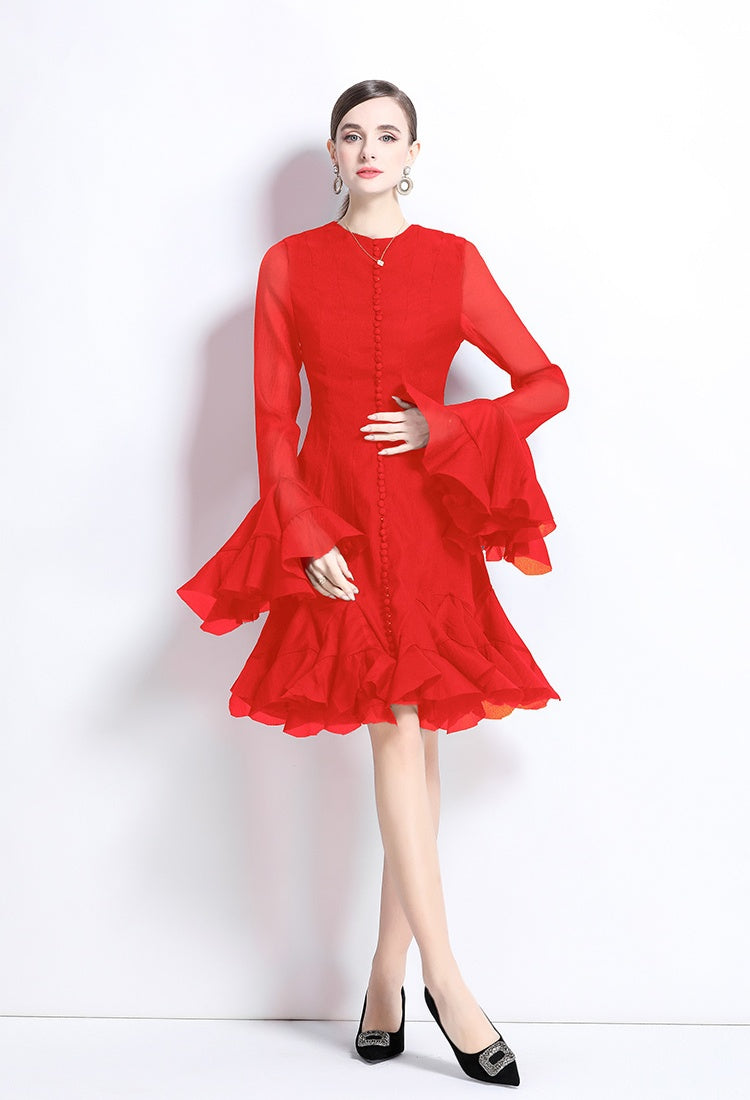 CM-DY034800 Women Elegant European Style Round  Neck Trumpet Sleeve Mini Dress (Available in 2 colors)