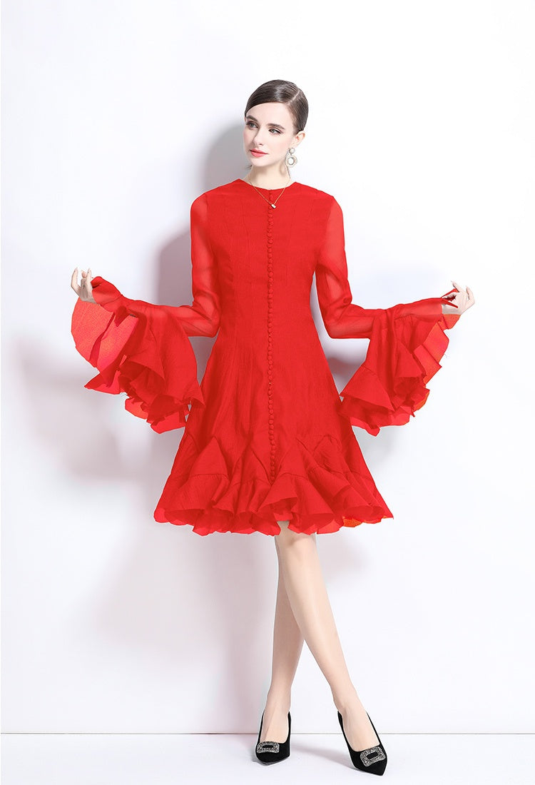 CM-DY034800 Women Elegant European Style Round  Neck Trumpet Sleeve Mini Dress (Available in 2 colors)
