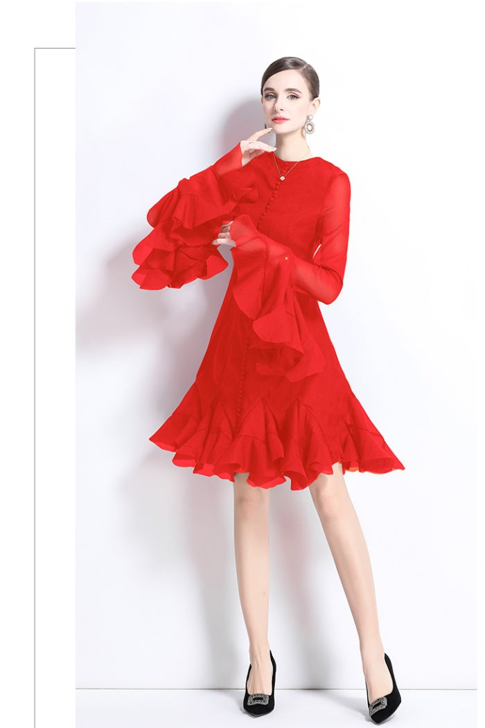 CM-DY034800 Women Elegant European Style Round  Neck Trumpet Sleeve Mini Dress (Available in 2 colors)