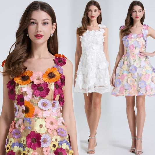CM-DY034912 Women Elegant European Style Slim Sleeveless Floral Embroidered Mini Dress (Available in 3 colors)