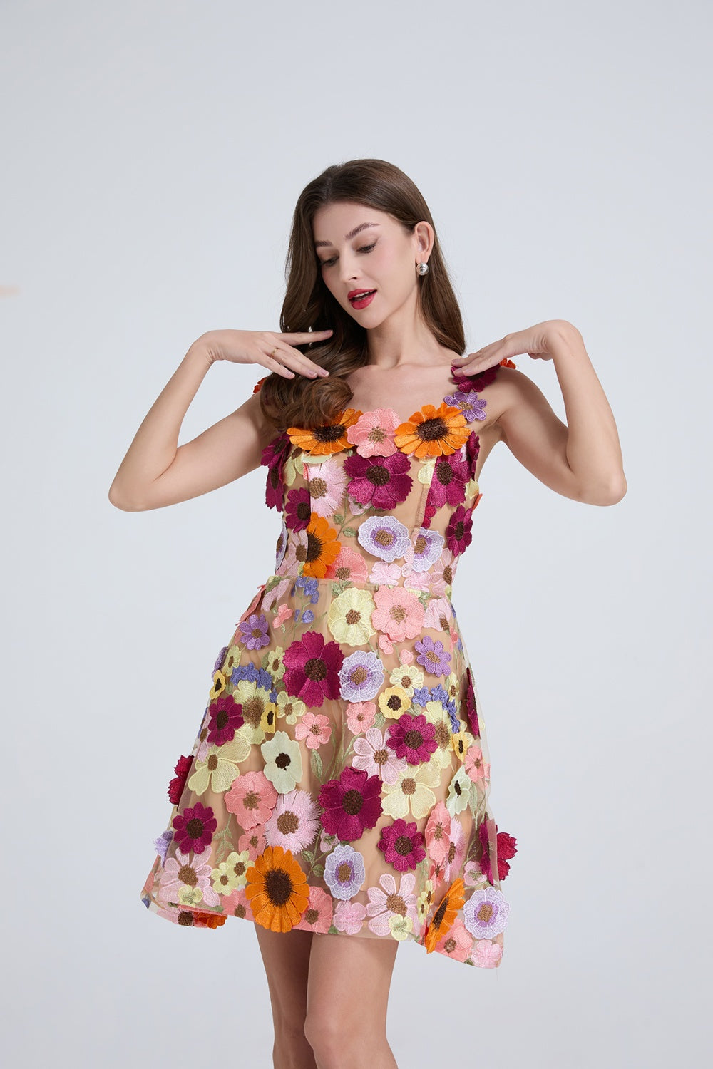 CM-DY034912 Women Elegant European Style Slim Sleeveless Floral Embroidered Mini Dress (Available in 3 colors)