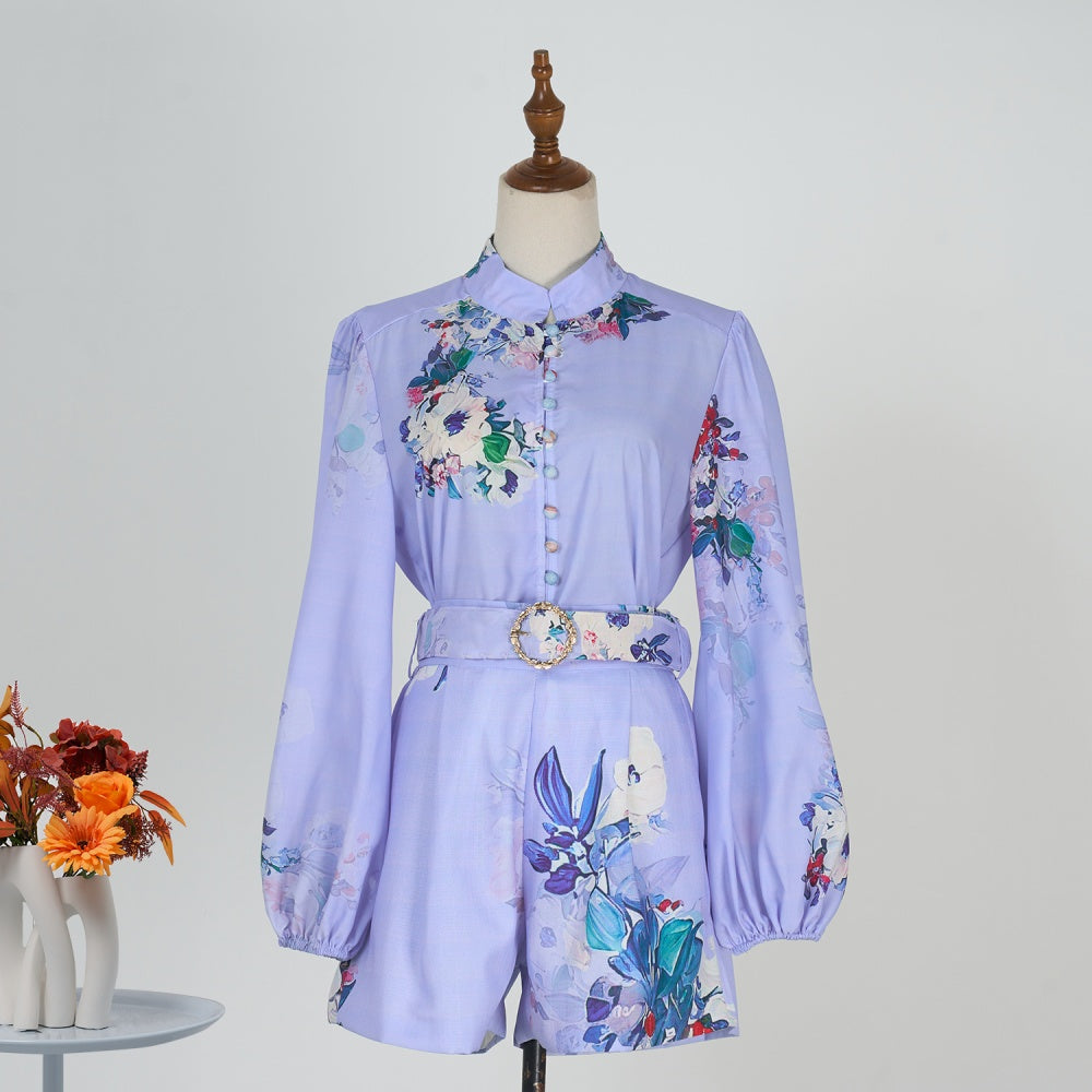 CM-SY034924 Women Elegant European Style Floral Print Lantern Sleeve Tops With Belted Shorts - Set