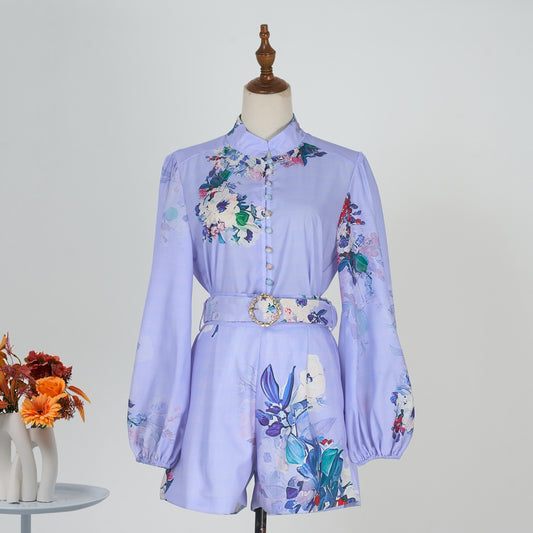 CM-SY034924 Women Elegant European Style Floral Print Lantern Sleeve Tops With Belted Shorts - Set