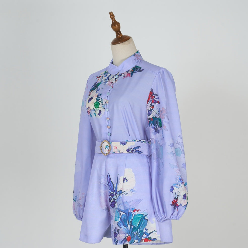 CM-SY034924 Women Elegant European Style Floral Print Lantern Sleeve Tops With Belted Shorts - Set