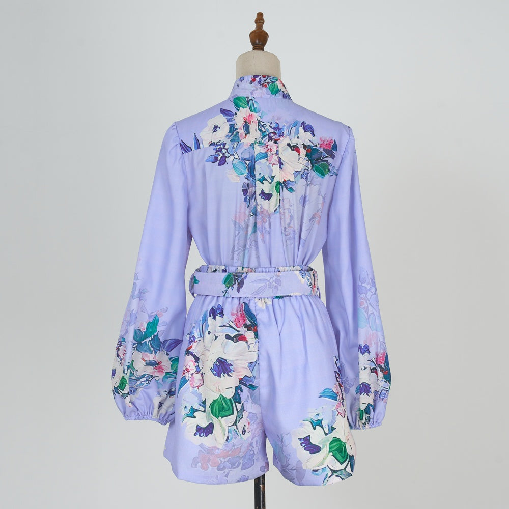 CM-SY034924 Women Elegant European Style Floral Print Lantern Sleeve Tops With Belted Shorts - Set
